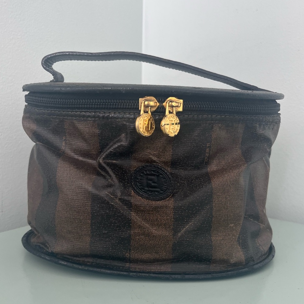 Fendi Pequin Vanity Case Cosmetic Bag Brown Toiletry Makeup Striped